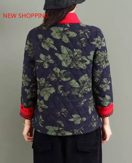 Bawełna Retro płaszcz damski w stylu etnicznym w stylu Vintage z nadrukiem kwiatowym moda Qipao topy eleganckie kurtki zimowe z Hanfu