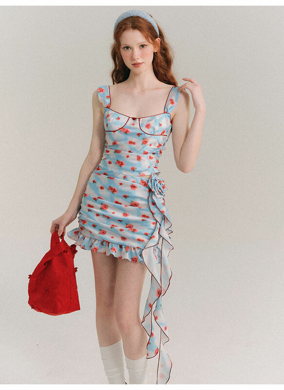 Летнее платье Y2K в стиле ретро с цветочным принтом на бретелях-спагетти с бантом модное мини эстетическое Клубное Женское Платье трапециевидного силуэта