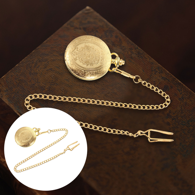 Retro Alloy Pocket Watch, Acessório colar esculpido, cor dourada