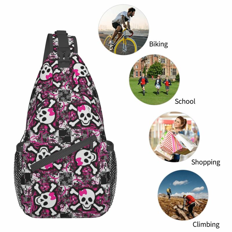 メンズスカルバックパック,ピンクのスカルデザインの小さなクロスオーバーバッグ,ショルダーストラップ,サイクリング,ハイキングなどの旅行に最適