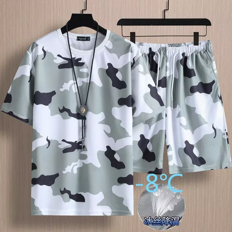 202 Summer New Fashion ice silk camouflage two-piece men's casual loose comfortable breathable high-quality plus size set M-5XL