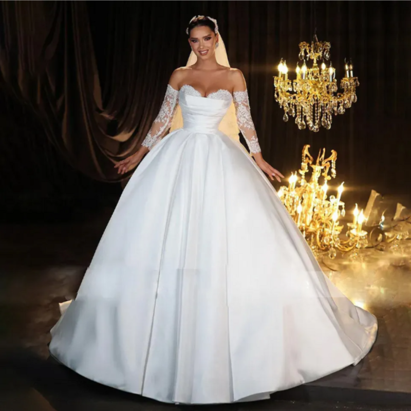 Satynowe przepiękna suknia balowa suknie ślubne 2024 koronkowe długie rękawy bez pleców suknie ślubne księżniczki Vestido De Noiva wykonane na zamówienie