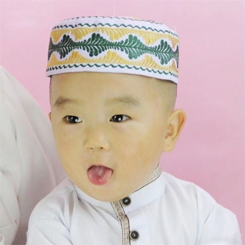 Muslim Child Hat Freeshipping Embroidered Cap Prayer Kufi Islam Bonnet Islamic Hijab Flat Saudi Arabia Turban Headwraps