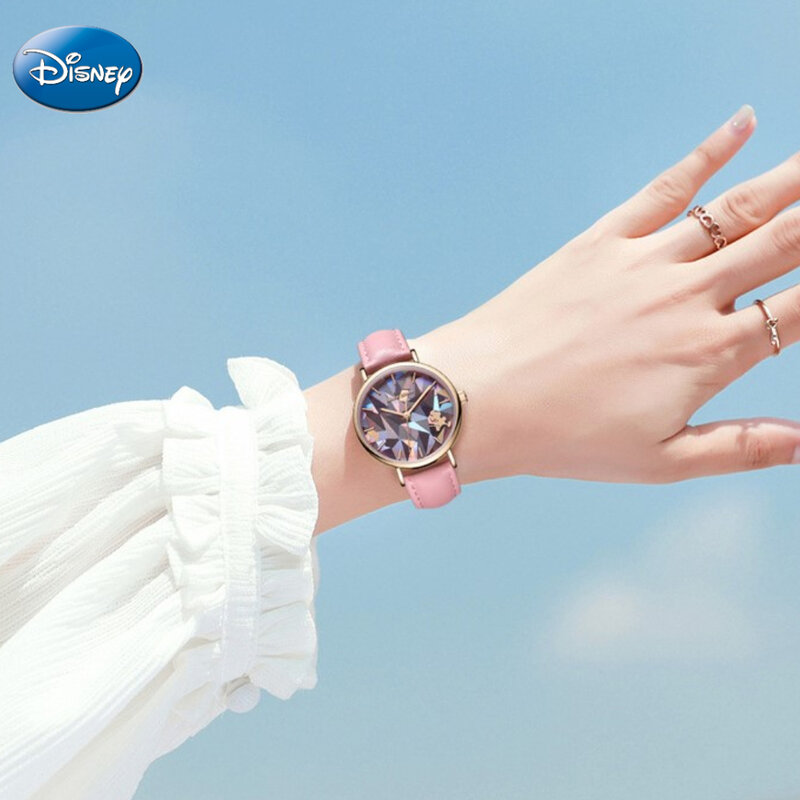 Disney-reloj de cuarzo resistente al agua con diamantes facetados, pulsera de cristal de sección geométrica para estudiantes, con caja, Mickey, regalo femenino