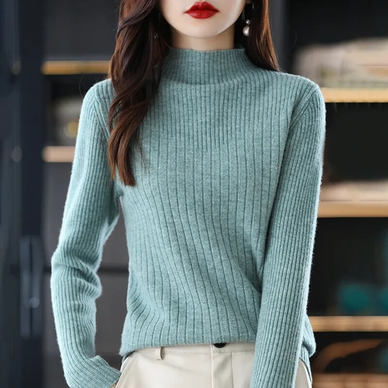 เสื้อสเวตเตอร์ถักคอเต่าสีพื้นเสื้อกันหนาวสตรีเสื้อสวมหัวแขนยาวลำลองรัดรูปเสื้อ MODE Korea เรียบง่าย