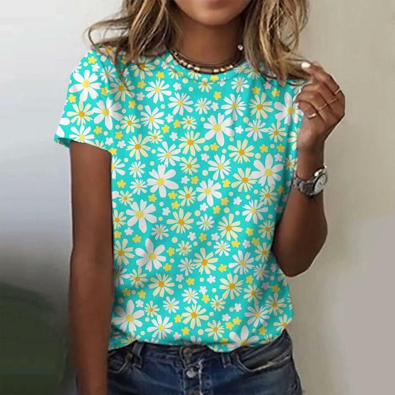 Camiseta feminina com estampa floral 3D com decote em O, camiseta feminina, tops femininos, Harajuku, streetwear de manga curta feminina, roupas casuais, verão