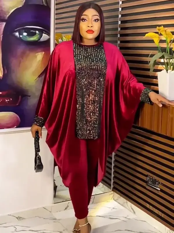 Boubou-vestido de terciopelo africano de lujo para mujer, traje de pantalones Abayas, Tops de manga larga, conjunto de 2 piezas, ropa islámica para mujer