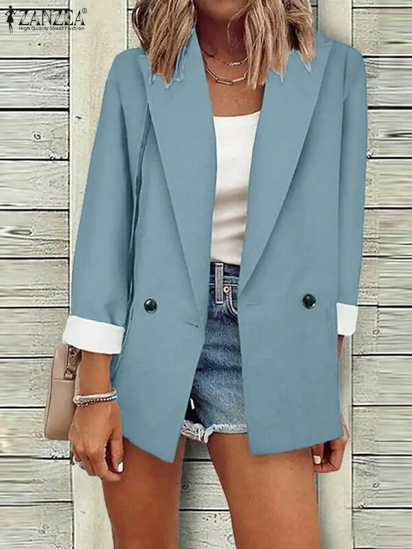 ZANZEA Holiday Lapel Collar Jaket Women Solid Blazer Fashion 2023 Autumn Long Sleeve Coats Casual Loose Colorblock Outerwears