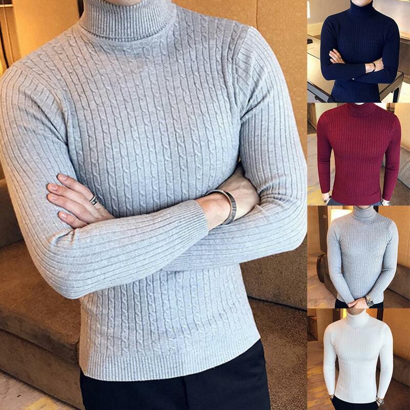 Casual Men Winter Solid Color Neck Long Sleeve Twist Knitted Slim Sweater