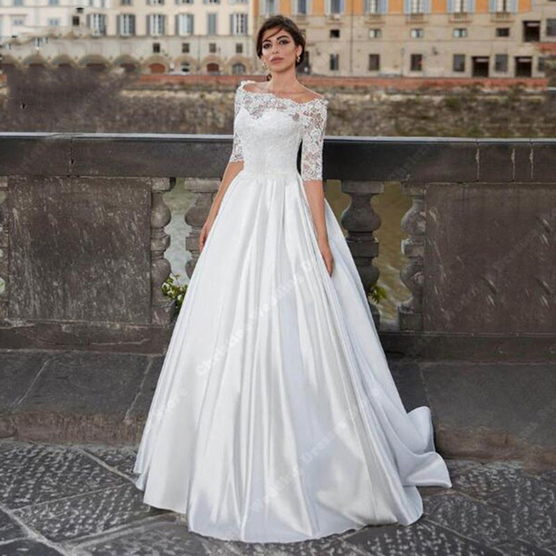 Suknie ślubne w stylu Vintage z odkrytymi ramionami trzy czwarte rękawów suknie ślubne z koronkowymi aplikacjami tiulowe szaty Vestidos De Novia