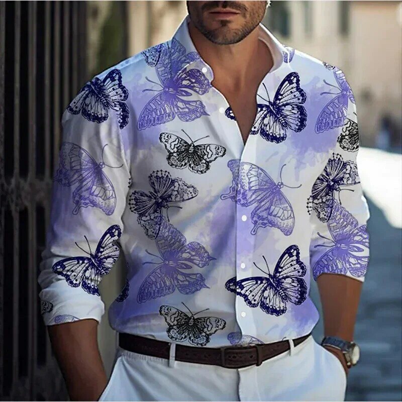 2024 baru kemeja pria musim panas Hawaii kemeja kupu-kupu pola gradien dicetak biru Jalan lengan panjang desainer mode kasual