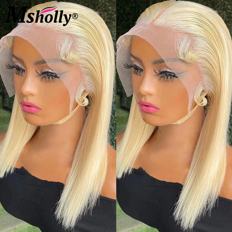Honey Blonde 13x4 HD transparan renda depan rambut manusia wig 613 pendek potongan Bob rambut lurus wig Brazilian Remy untuk wanita