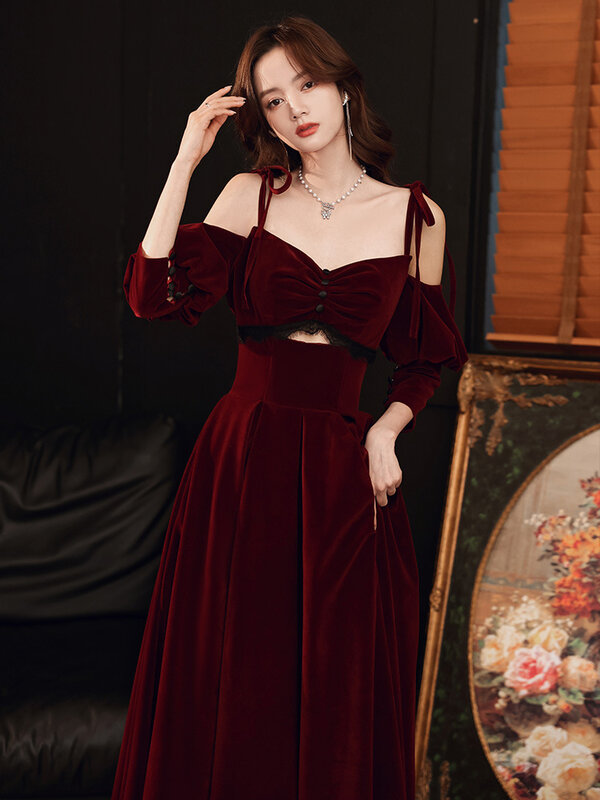 Wino czerwone aksamitne z ramienia suknia ślubna kobiety bandaż krótki Top bez pleców suknie wieczorowe wykwintne eleganckie suknia wieczorowa