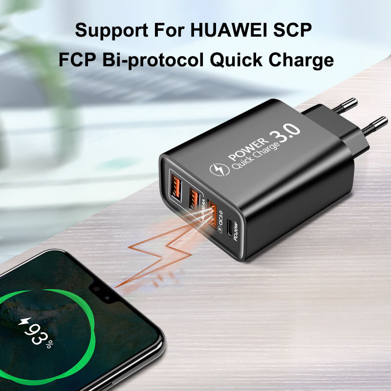Зарядное устройство USB C 60 Вт Зарядное устройство для быстрой зарядки 4 порта PD Type C Quick Charge3.0 Настенный адаптер питания для iphone Xiaomi Samsung Зарядные устройства для телефонов