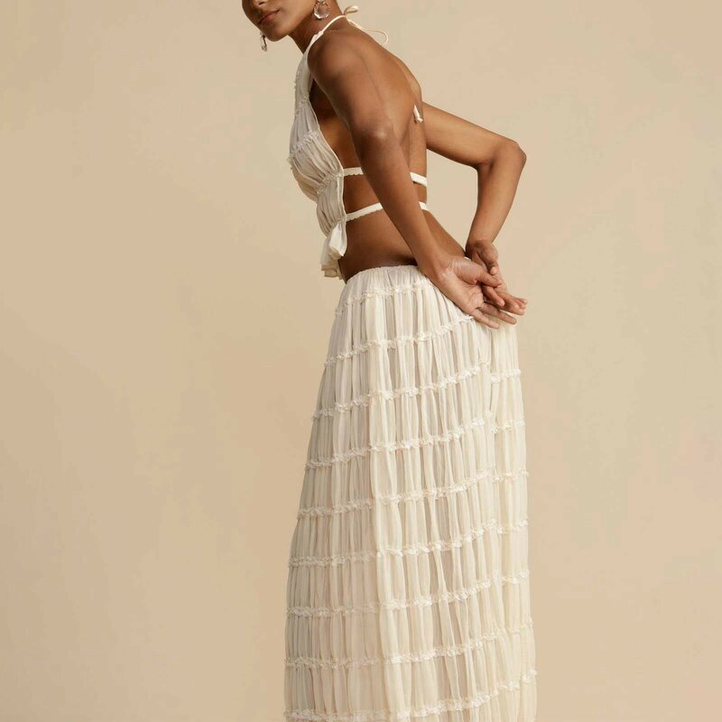 Elegant White Maxi Skirt Set Women Sexy Sleeveless Backless Cropped Halter Tops+Drawstring Long Skirts Lady Stylish 2 Piece Sets