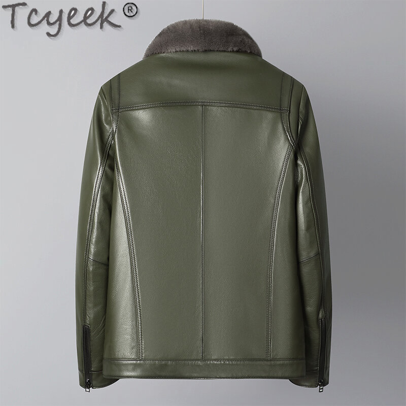 Tcyeek Winter Men's Real Fur Jackets Real Goatskin Genuine Leather Jacket Men 2023 Slim Fit Fashion Mink Fur Liner Coats Green