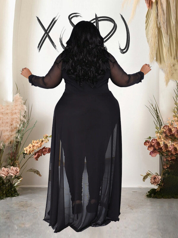 Lady Elegant Jumpsuits Stretchy One Piece Solid Color Plus Size Jumpsuit with Mesh Long Sleeve Sexy Bodycon Jumpsuit for Women