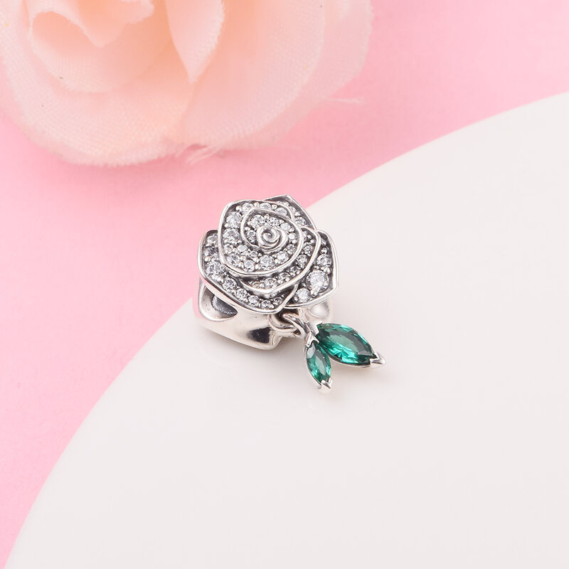 Rosa scintillante in cristalli di fascino di fioritura anniversario di matrimonio madre bambini 100% perline in argento reale per la creazione di gioielli