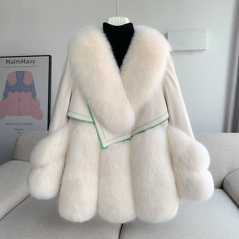 Abrigo de piel de zorro y hierba para mujer, abrigo de una pieza de longitud media, a la moda, 2023