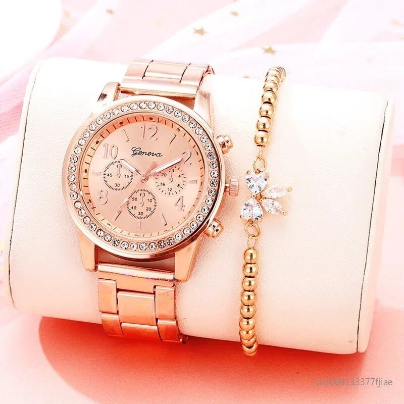 Diamantes de luxo Rhinestone Watch para mulheres, elegante relógio quartzo feminino, ouro rosa, banda de aço inoxidável