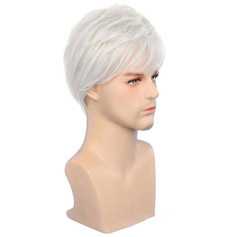 Men Short Silver White Straight Curly Wigs Synthetic Anime Cosplay Fluffy Heat Resistant Hair Wig for Daily Party