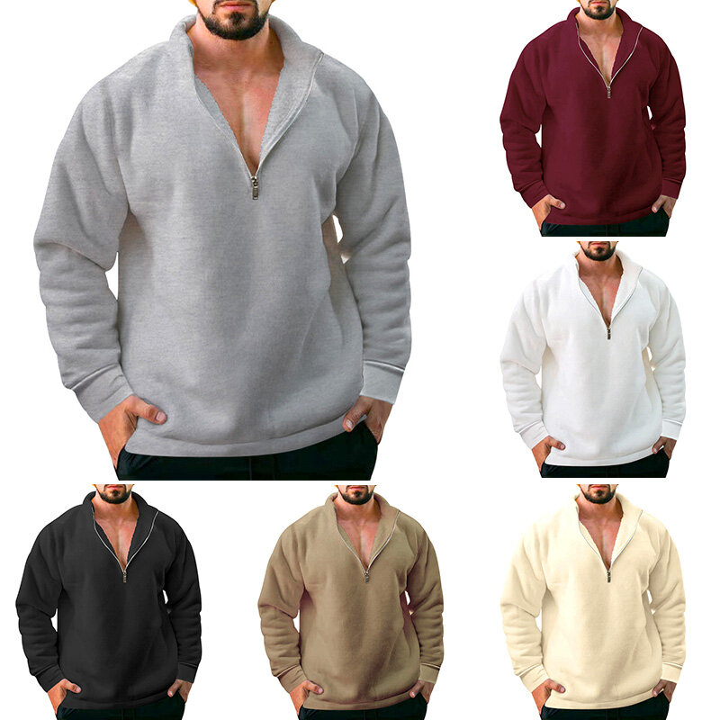 Autumn And Winter Men New Casual Coat Sweater Plush Thickened Zipper Pullover Half Turtleneck Solid Color Thermal Lapel T-shirt