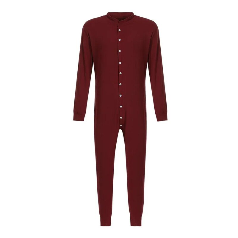 Pijama masculino de peito único, bodycon masculino para baixo com botão, macacão sólido, macacão, manga doméstica, roupas compridas, roupas de outono