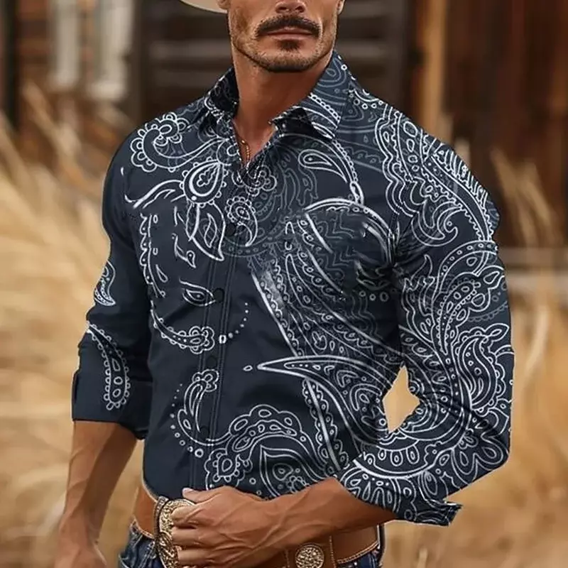 Męska Retro zachodnia styl kowbojski koszulka z długim rękawem 3D Resort wyścigi konne wiosna lato wysokiej jakości koszula z klapą