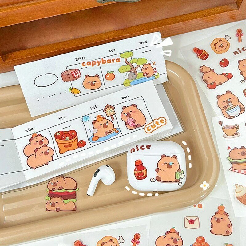 HOT 5Pcs Kawaii Cartoon Animal Capybara Theme Waterproof Stickers DIY Card Decoration Material Cute Stickers Stationery