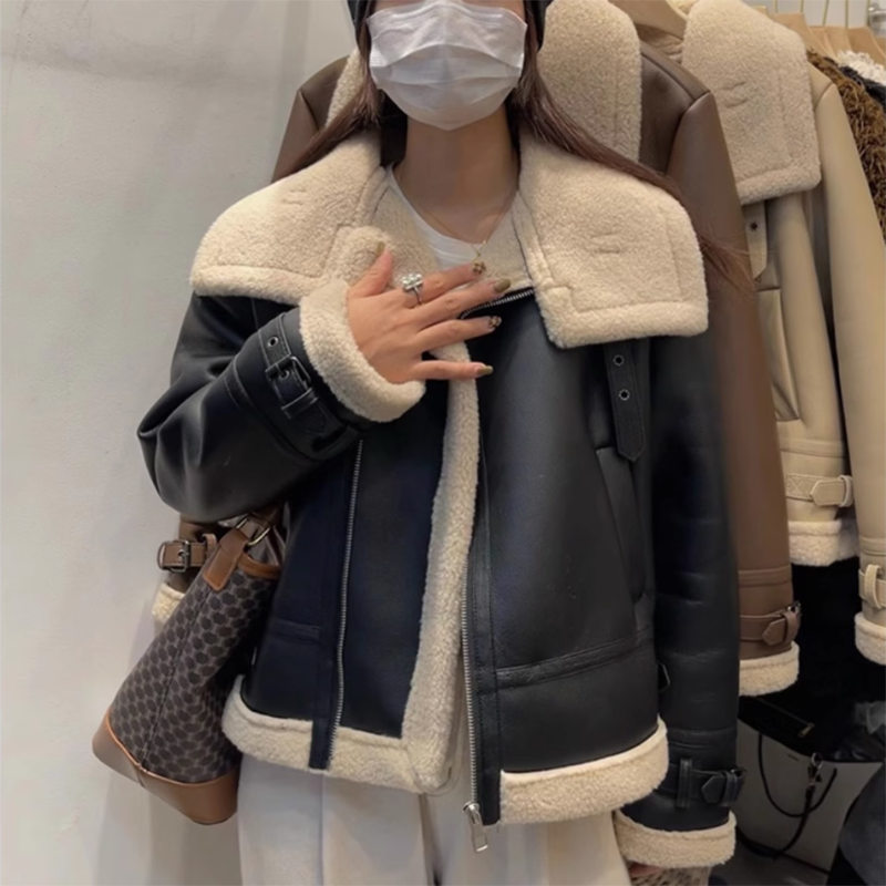 여성용 양털 PU 가죽 숏 재킷, 빈티지 한국 파카, 루즈한 BF 슬림, 두껍고 따뜻한 프라이드 스트리트 면 패딩 재킷