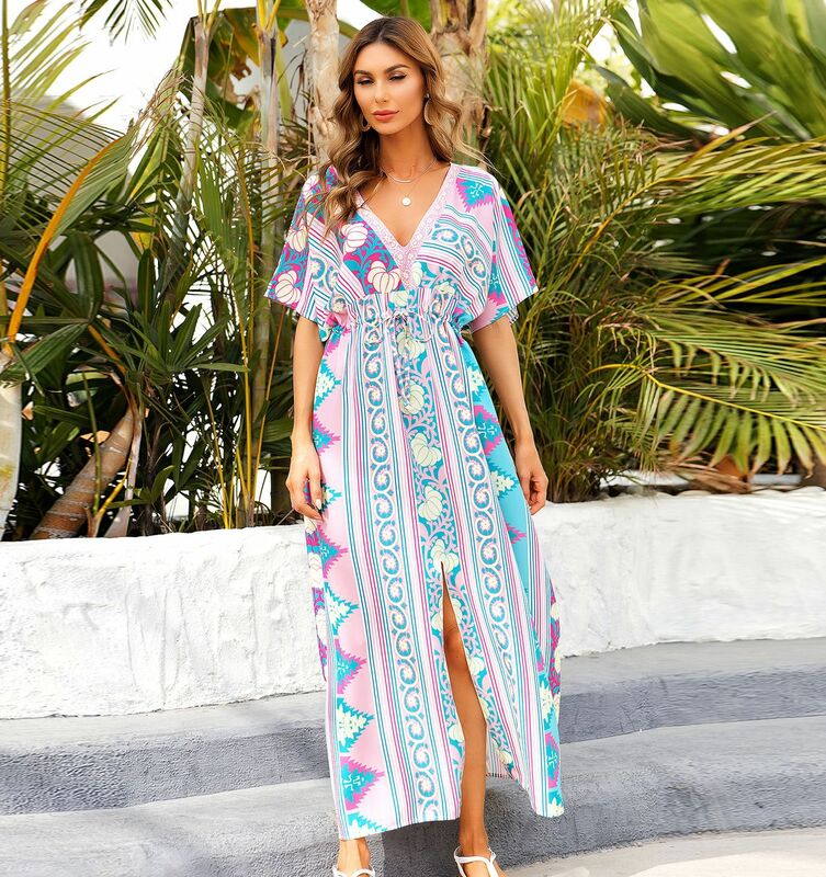 Summer Beach Cover Up Polyester Print Loose Plus Size Robe  Sun Protection Shirt Vacation Bikini Outer Cover