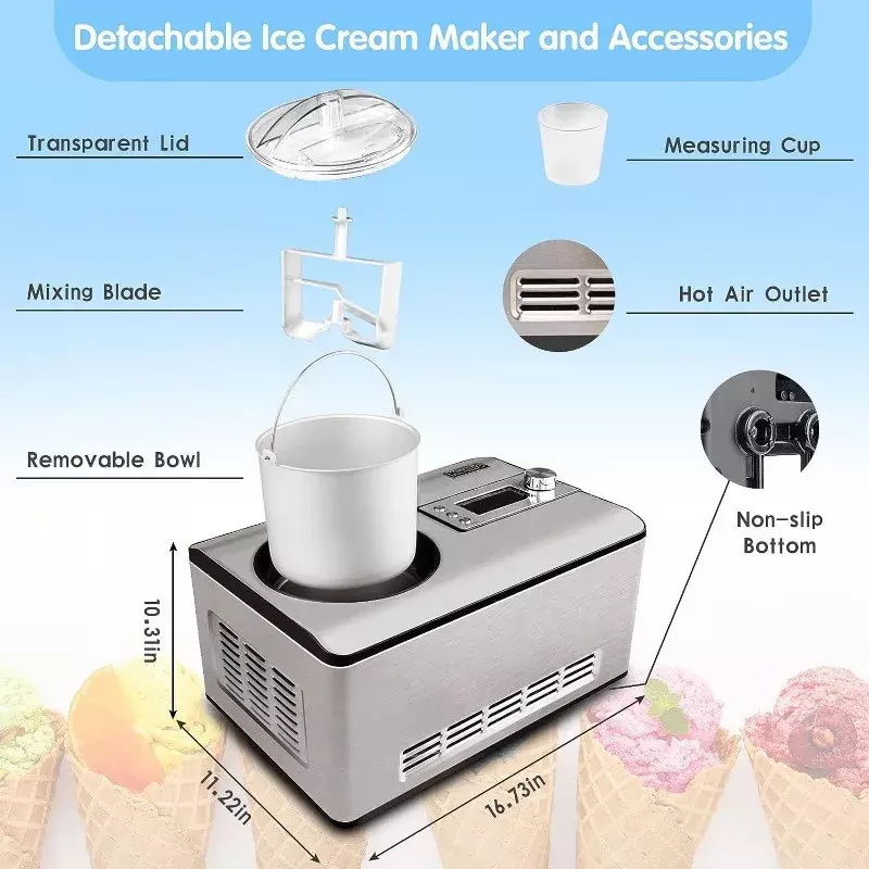 KUMIO 2.2-Quart Ice Cream Maker with Compressor, No Pre-Freezing, Stainless Steel  with LCD Display, Timer, 180W
