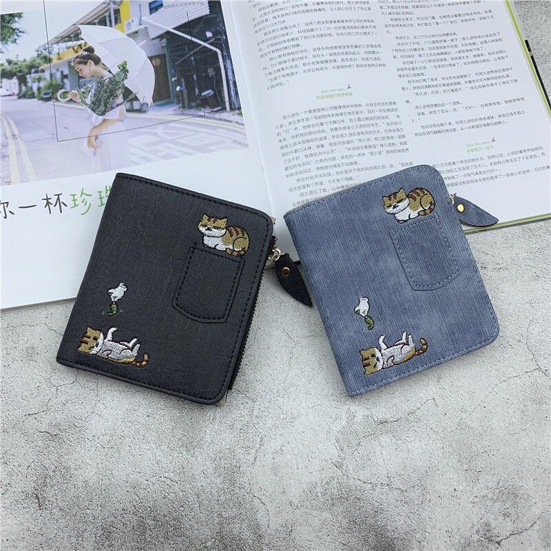 Xiuya Embroidery Cat Womens Wallet Exquisite Cute Fashion Simple Leather Short Card Wallet Casual Korean Style Ladies New Bags