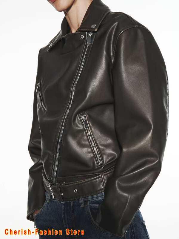 Jaket kulit Pu longgar wanita, atasan mantel Luaran Motor Retro ritsleting jalanan dengan sabuk bermerek 2023