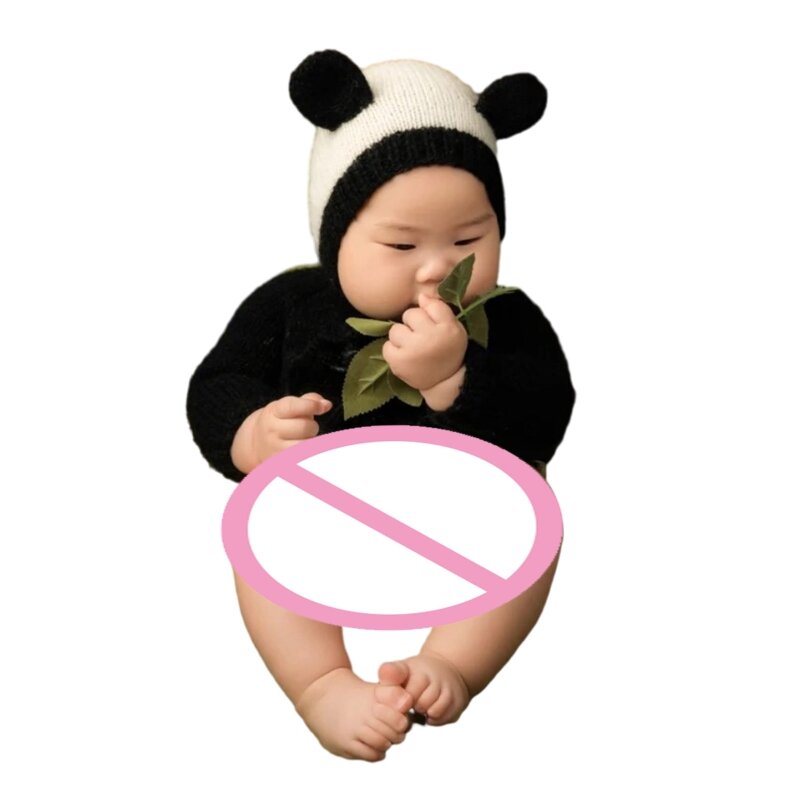 Adereços para fotos recém-nascidos, fantasia tricô, chapéu com orelha panda, macacão triangular, roupas para sessão