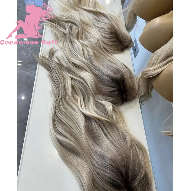 Pelucas de cabello humano Rubio Ceniza con raíces oscuras, encaje Frontal transparente 360, 13x4, 13x6, pelucas delanteras de encaje con cabello de bebé Pre