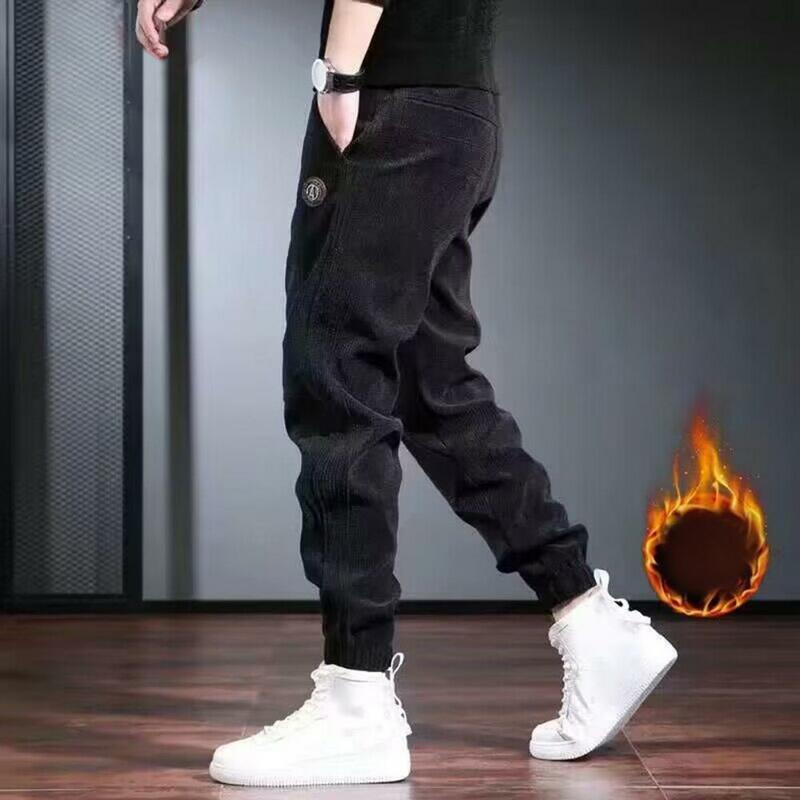 Polyester Fleece Trousers Cozy Men's Drawstring Sweatpants Warm Plush Solid Color Trousers with Elastic Waist Pockets