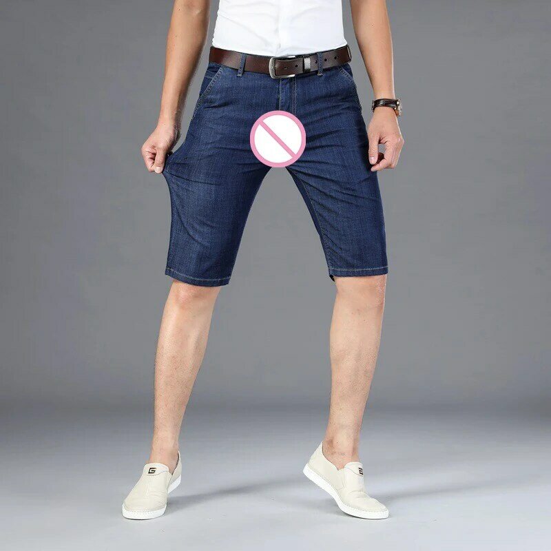 بنطلون جينز مثير مفتوح للرجال ، ثلاثة سحّاب خفي ، جينز قصير متوسط ، بنطلون مثير للجنس خارج المنزل ، لباس شريطي للمثليين
