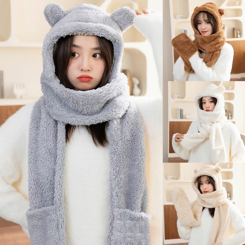 Hat Scarf Gloves One Piece Bear Ear Hat Scarf Soft Fleece Ear Protector 3 in1 Beanies Caps Double Layer Thickened