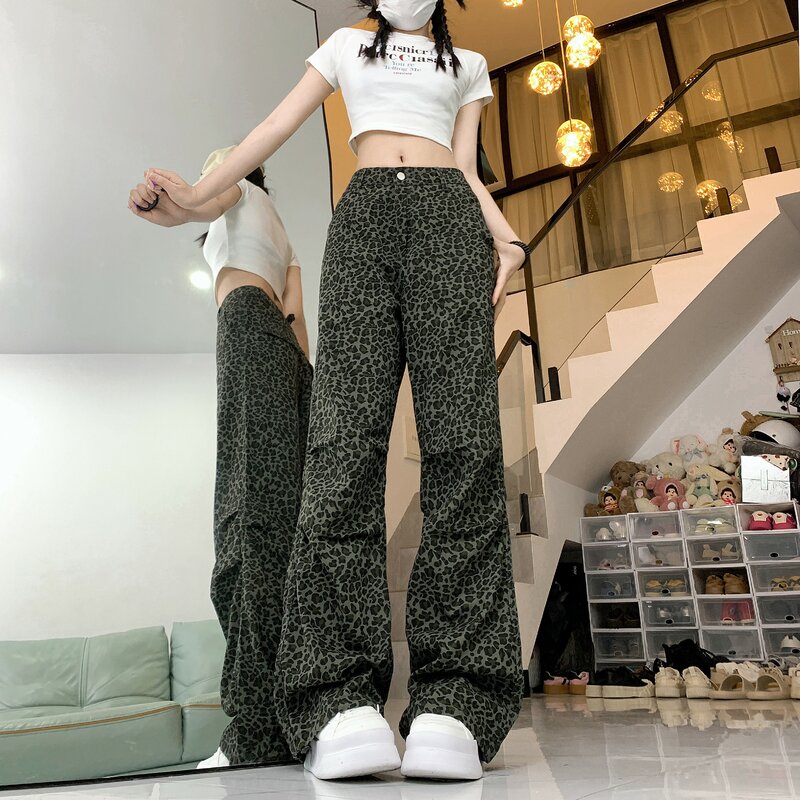 Frauen Baggy Leopard Hosen Vintage Overs ize Y2k Hosen Streetwear ästhetische koreanische Harajuku Hosen japanische 2000s Stil Kleidung