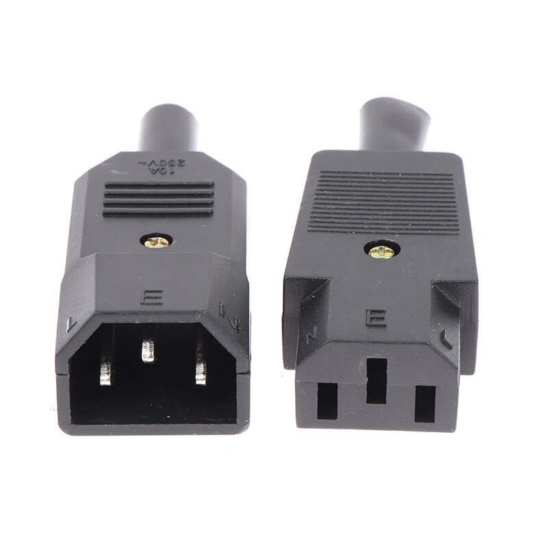 IEC Straight Cable Plug Connector, plugue preto fêmea e macho, conector de alimentação rewirable, 3 pinos, soquete AC, C13, C14, 10A, 250V