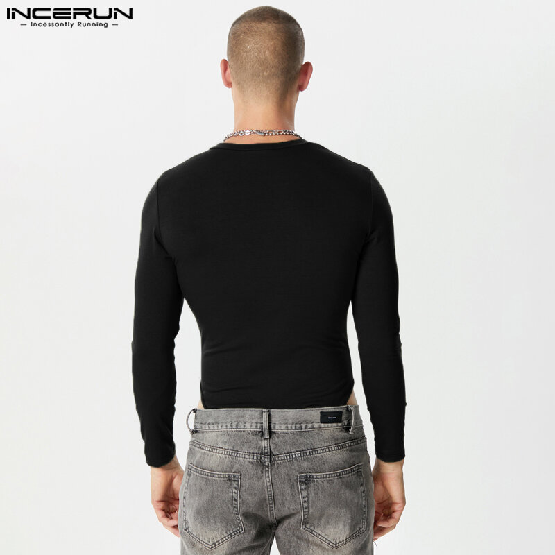 Męskie body INCERUN jednolity kolor z okrągłym dekoltem długie guzik na rękawie męskie pajacyki Streetwear Fitness przytulne codzienne body S-5XL