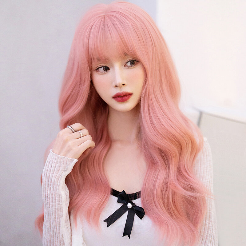Perucas 7jhh-peruca rosa sakura ondulada do corpo sintético para as mulheres, cabelo de alta densidade com franja, para a festa diária