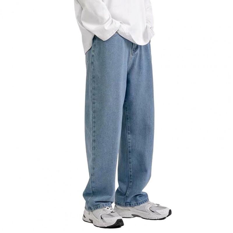 Джинсы мужские прямые однотонные, широкие штаны, свободные длинные, на молнии, с карманами, на пуговицах, уличная одежда в стиле ретро, длинные брюки