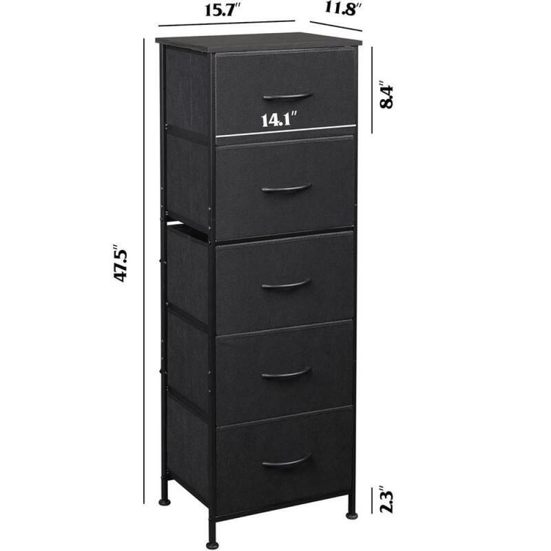 K! Armário de tecido para quarto, 5-Drawer Tall Dresser, Organizador do armário do armazenamento com caixas de tecido, Top de madeira