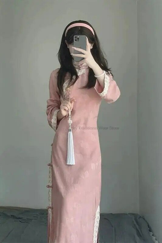 Женское кружевное платье-Ципао, розовое платье в китайском стиле, элегантное платье в азиатском стиле для весны