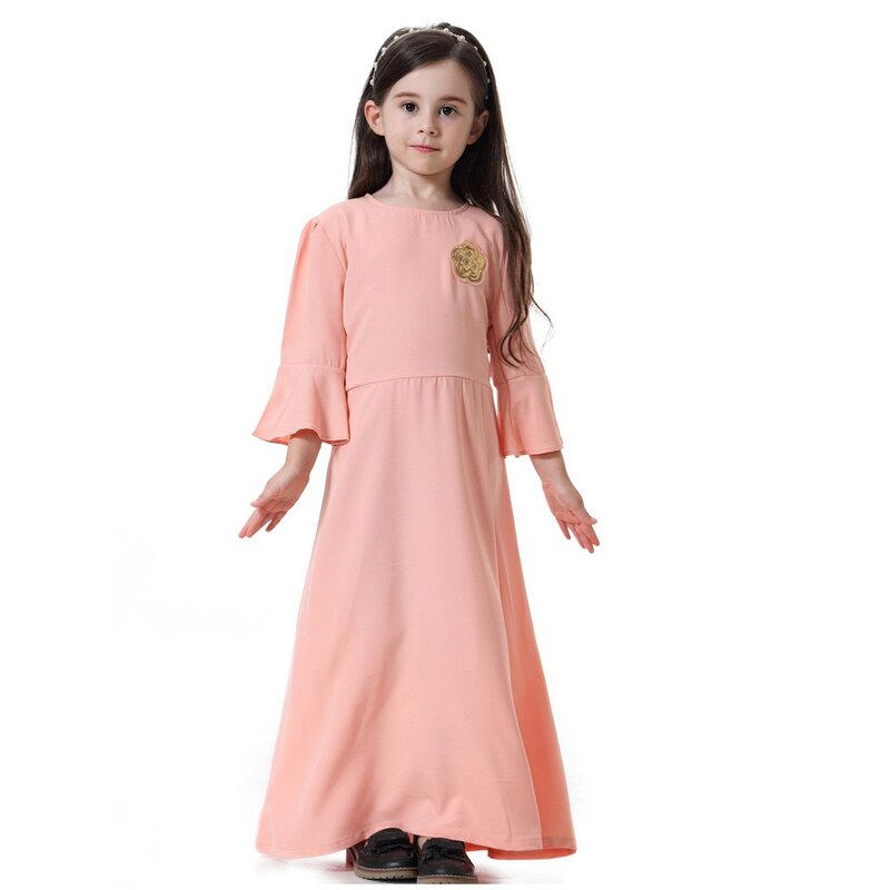 Повседневные платья для девочек, круглый вырез, Дубай, Арабский кафтан, ислам, с оборками на рукавах, детское Рамадан, Марокканское платье с аппликацией, свободное