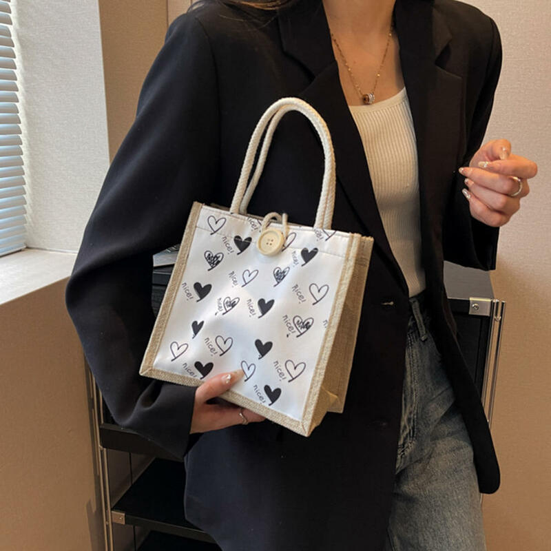 New Love Handbag borsa in lino borsa per il pranzo borsa per la spesa portatile cosmetica giapponese Versatile borse da donna Casual Drop Shipping
