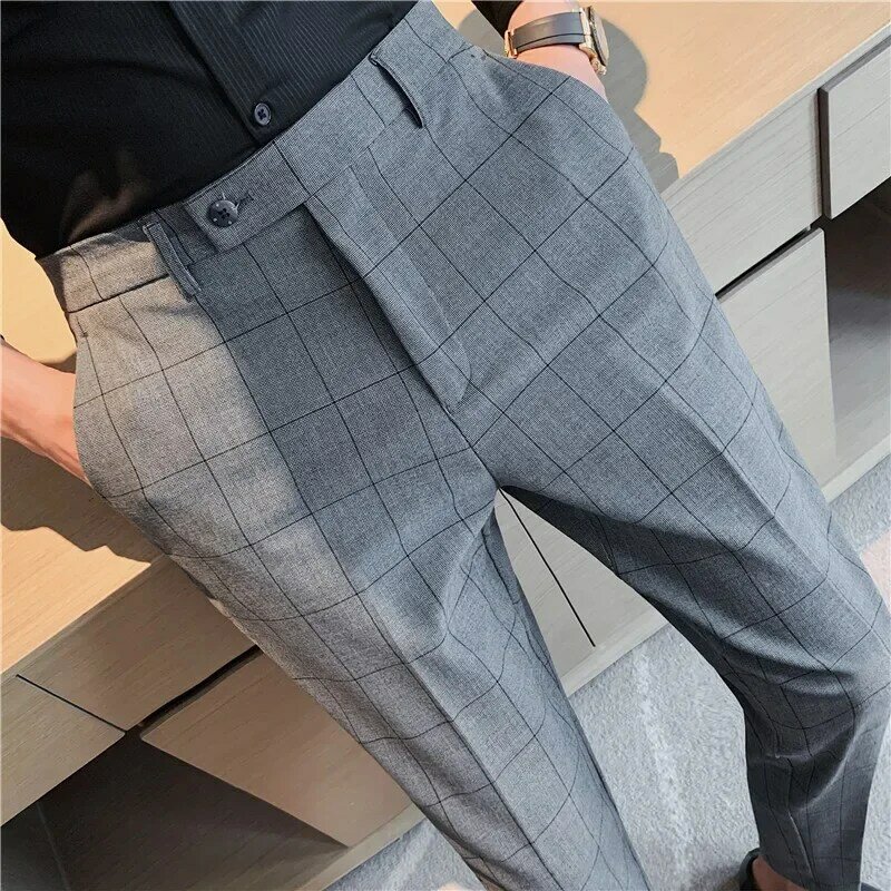 2024 pantaloni formali da uomo di alta qualità ufficio Social Business moda Plaid pantaloni Casual Slim Wedding Street Wear pantaloni 38