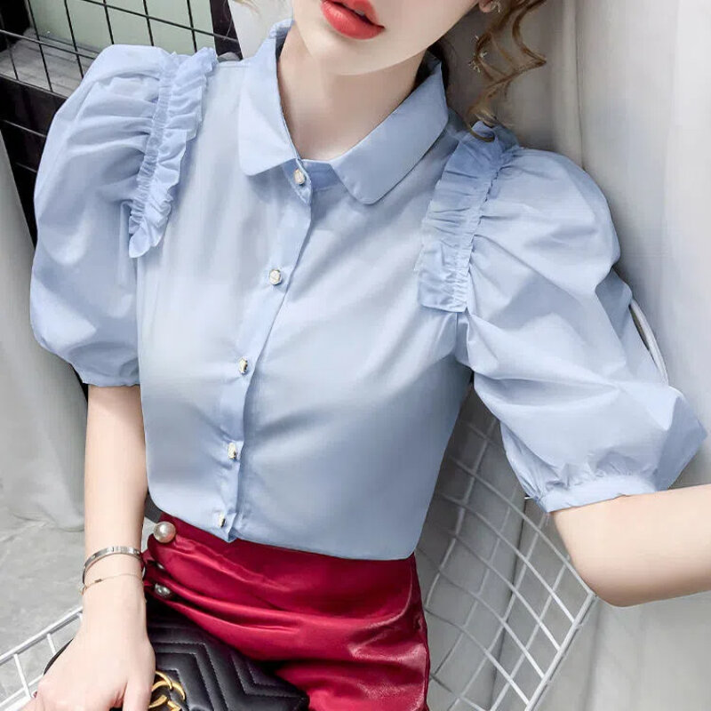 Sommer neue Mode weiße Bluse Kurzarm einfarbig plissiert Patchwork Knopf Hemd Tops Temperament Mode Frauen Kleidung